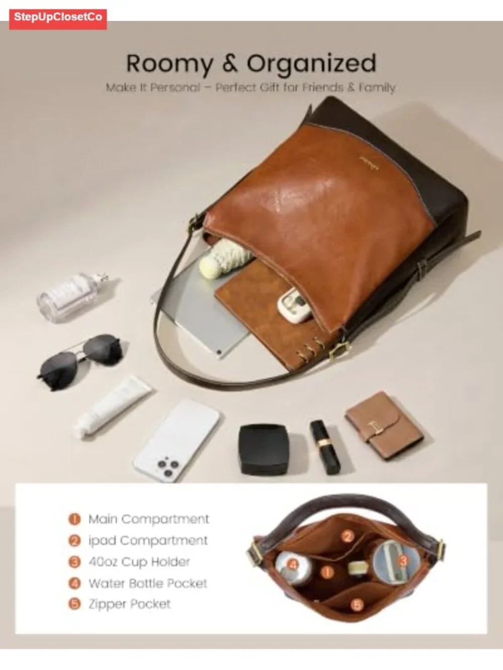 Hobo Bag Women Crossbody Shoulder Purse Faux Leather Hidden Cup Holder Large